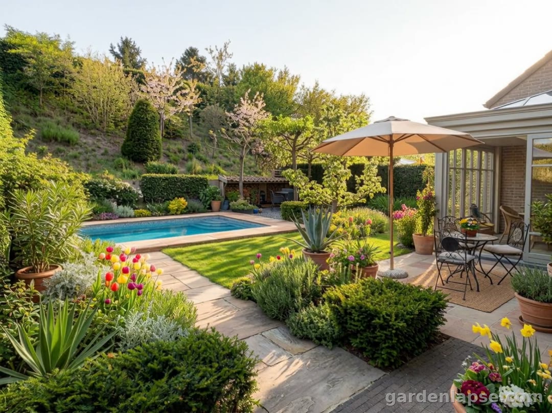 Suburban back garden transformed into a Mediterranean pool garden
