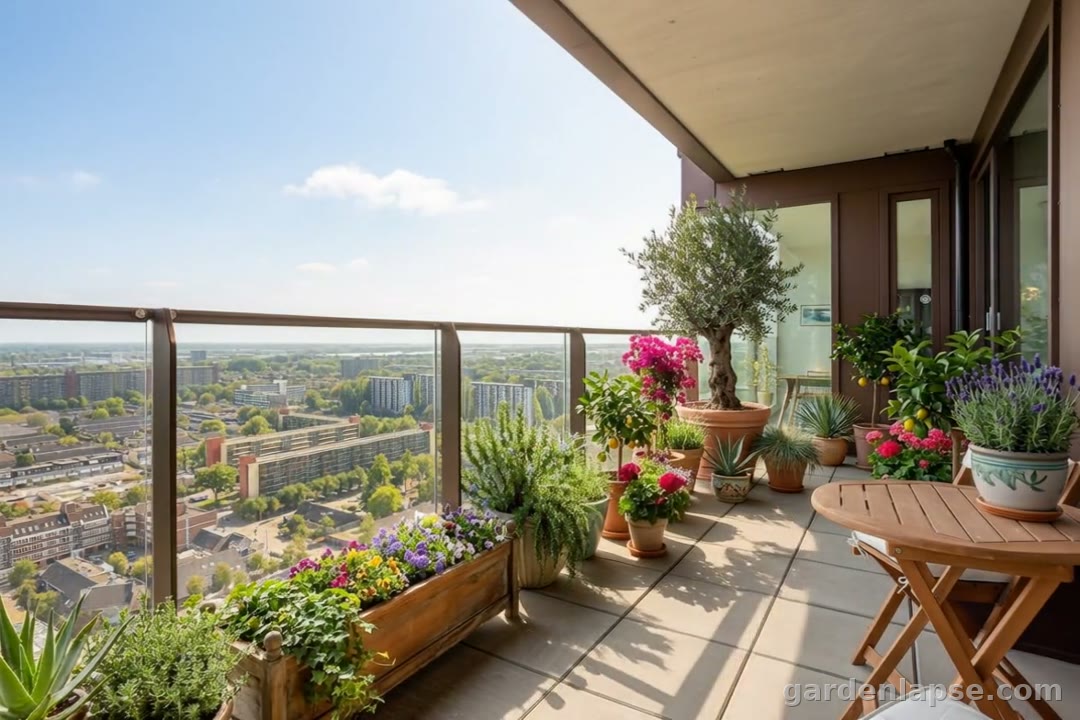 City balcony transformed into a green balcony garden