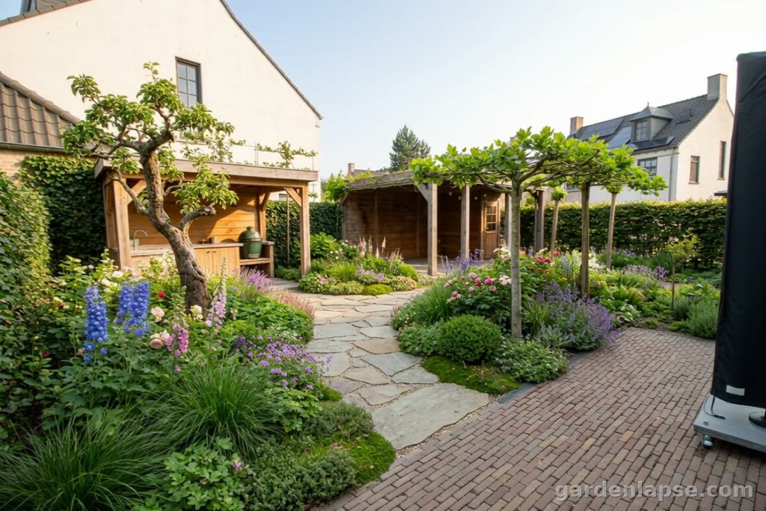 Family back garden transformed into a courtyard with mature trees