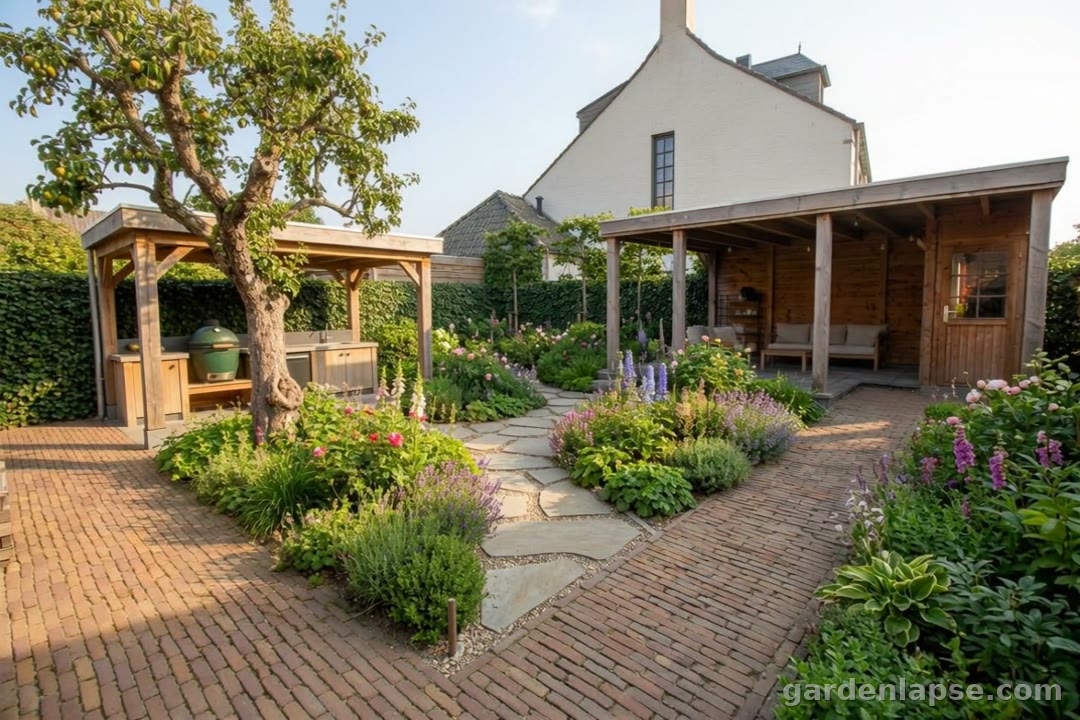 Paved farmhouse yard transformed into a cottage garden