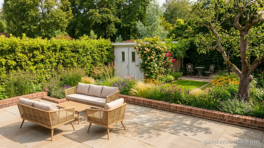 Cluttered patio transformed into an elegant lounge garden