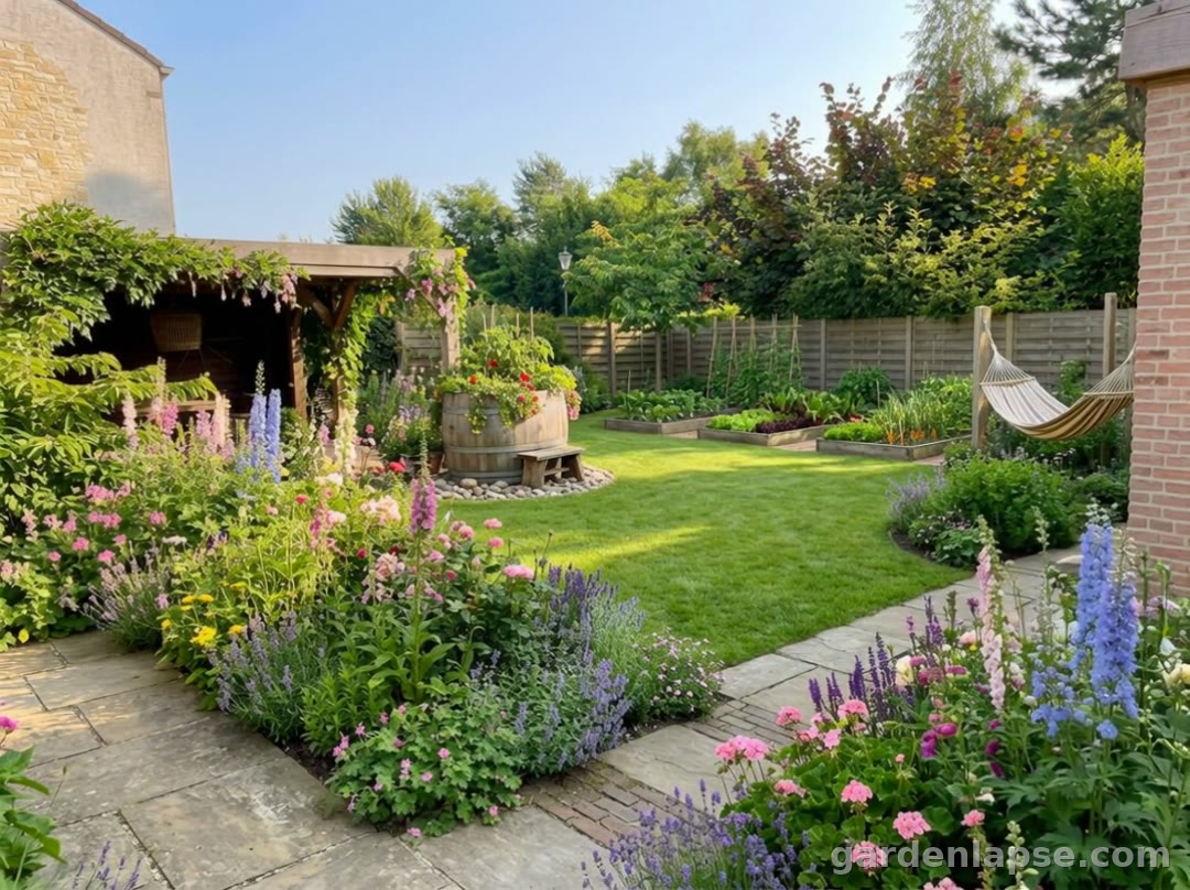 Overgrown lawn transformed into lush flower borders