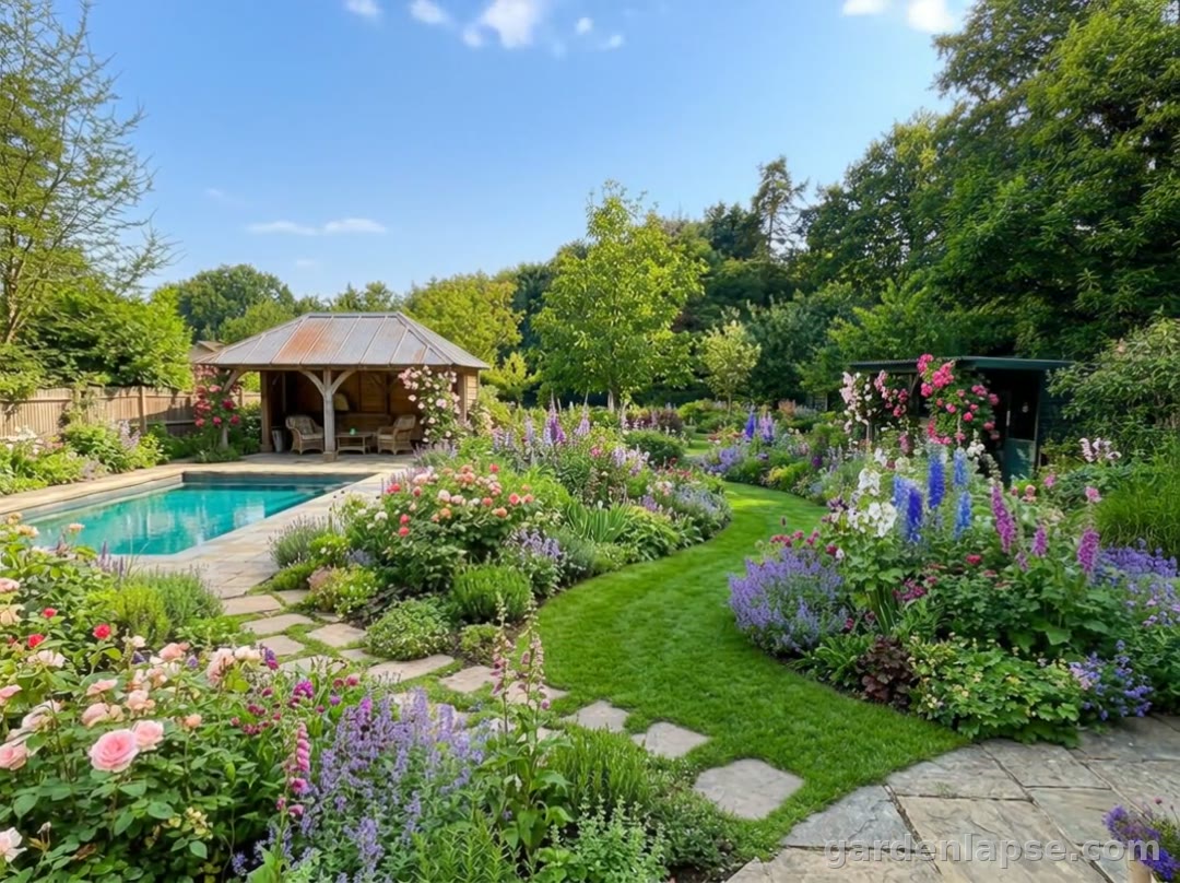 Open lawn transformed into a pool garden with rose borders