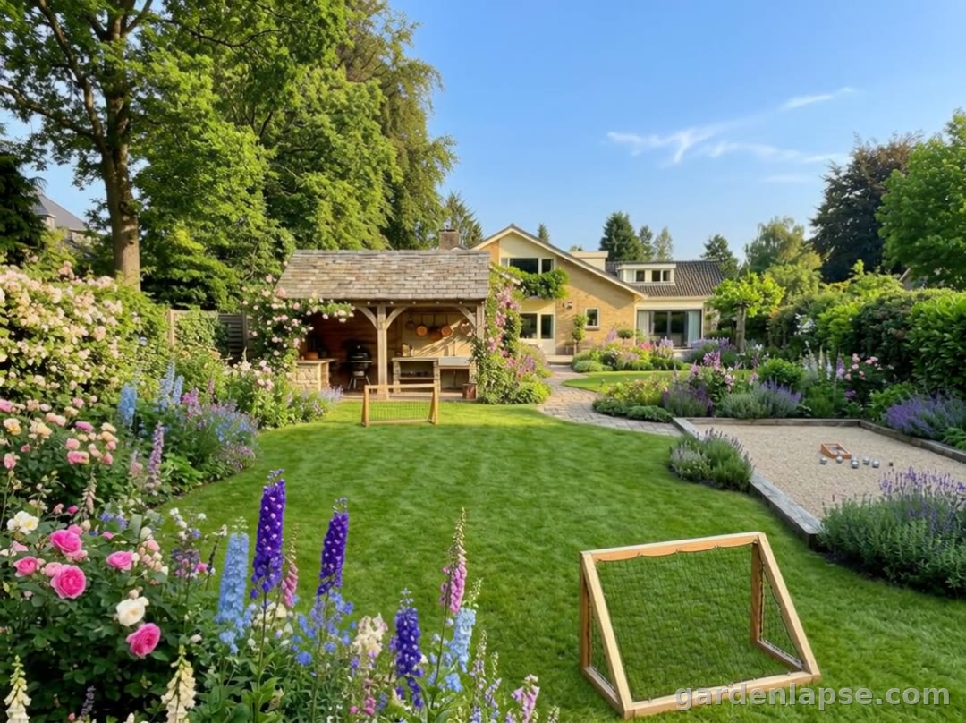 Bare winter lawn transformed into a country garden with veranda